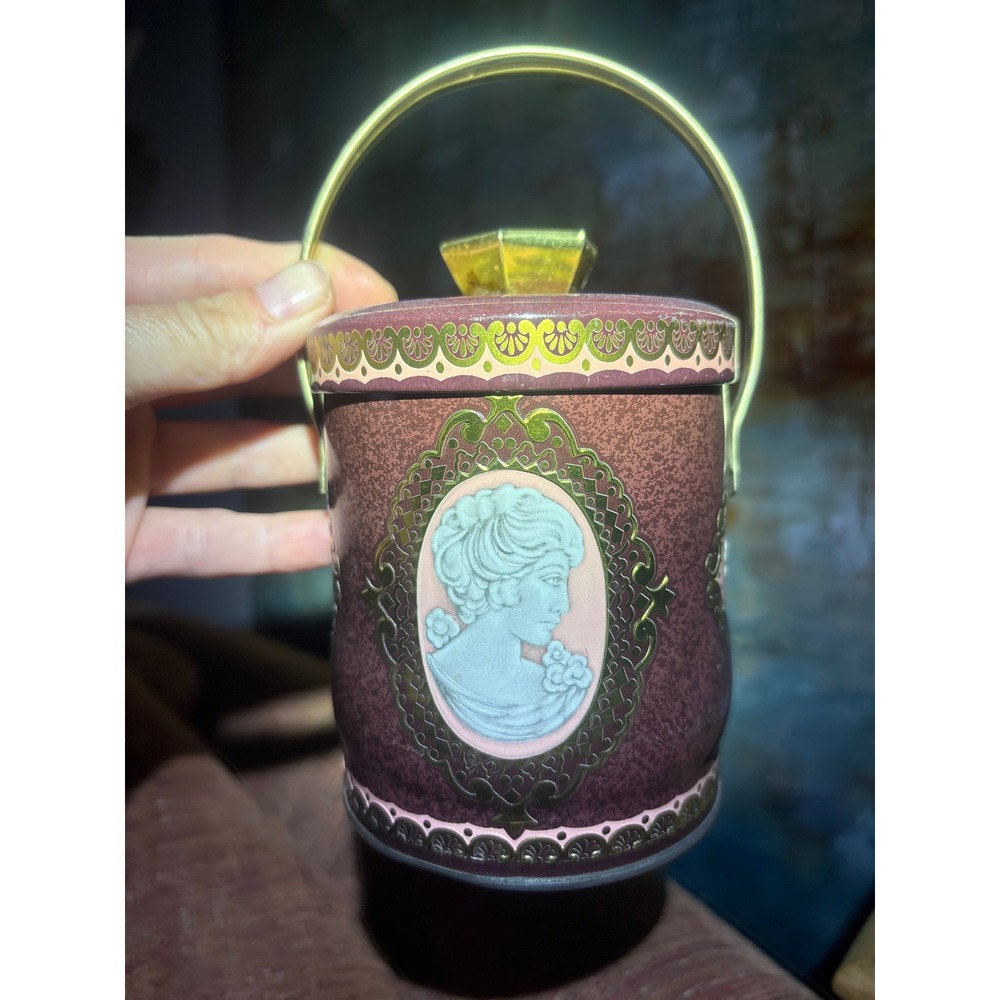 Vintage Murray Allen Enchantress Cameo Tin Made in England Burgundy Gold 4in